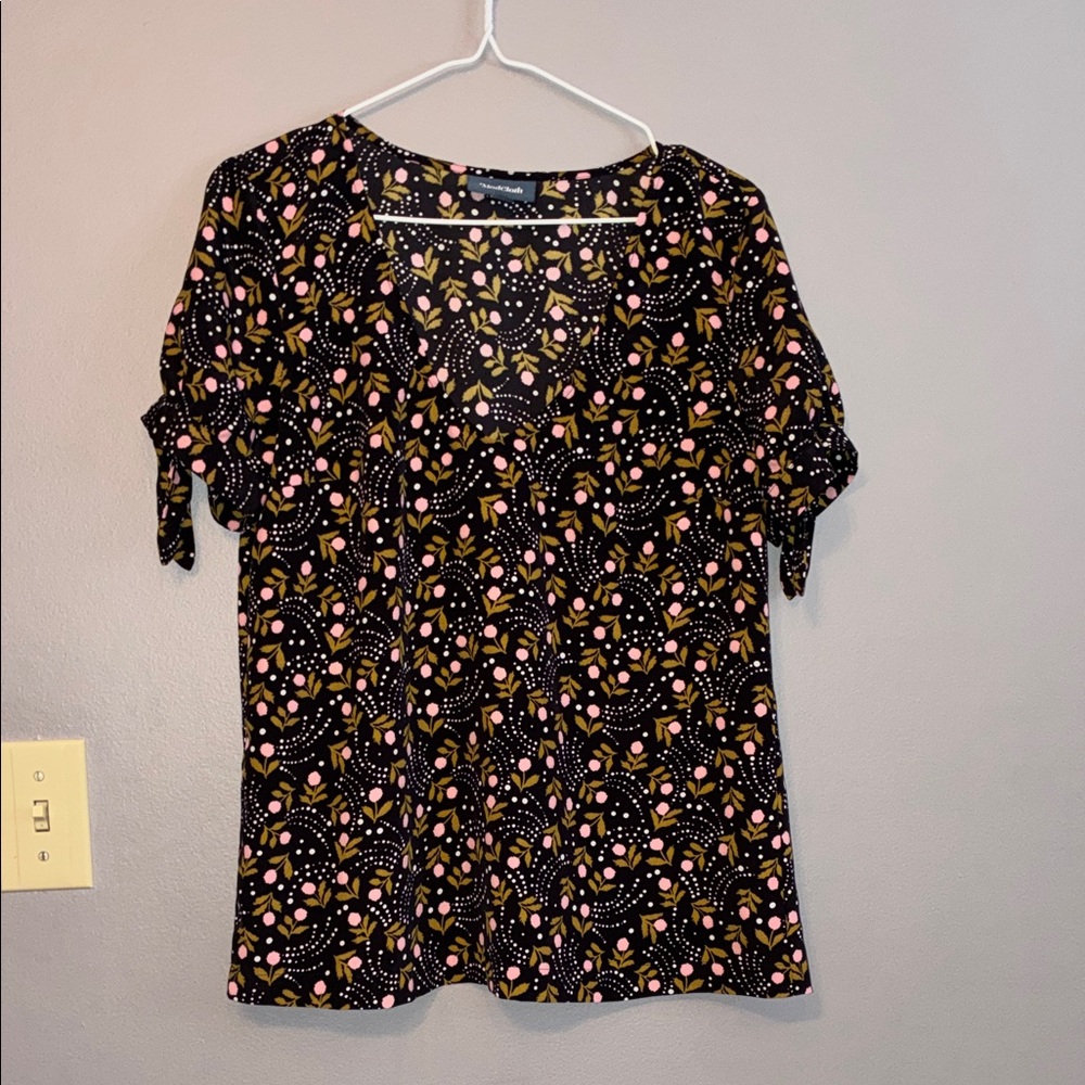 Modcloth Black and Pink Floral Patterned Blouse with Bow Tie Sleeves